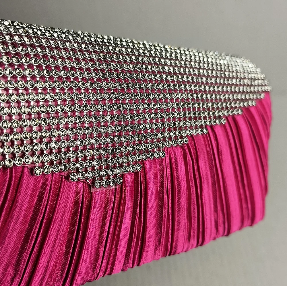 Satin Clutch Bag Faux Rhinestone Plaited Hot Pink Metal Strap Cocktail Party